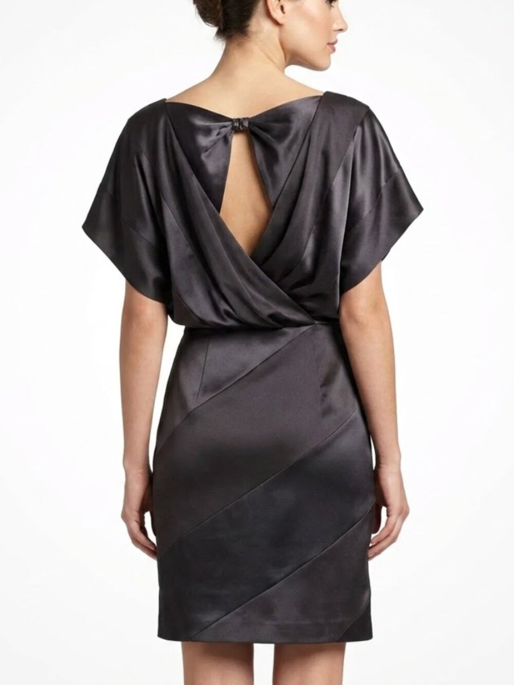 NWT Jessica Simpson Black Satin Avant-Garde Open Back Sheath Dress Sz 10